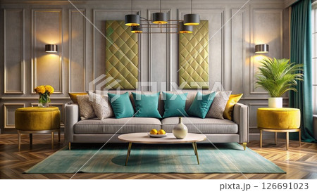 Modern Living Room With Furniture and Large Window. Generative AI 126691023