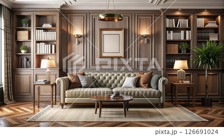 Modern Living Room With Couch, Table, and Bookshelves. Generative AI 126691024