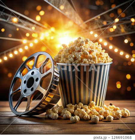 Popcorn Bucket and Movie Reel on Wooden Table. Generative AI 126691068