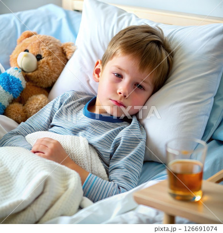 Little Boy Laying in Bed With Teddy Bear. Generative AI 126691074