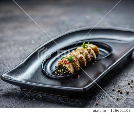 Black Plate With Food on Table. Generative AI 126691108