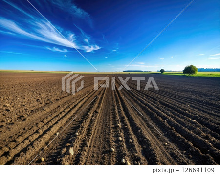 Plowed Field With Lone Tree in the Distance. Generative AI 126691109