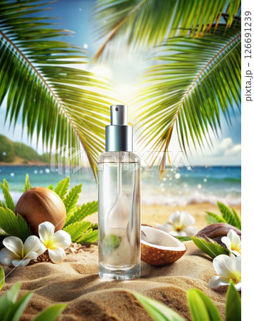 Perfume Bottle on Sandy Beach. Generative AI 126691239