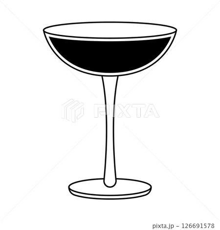 Elegant Cocktail Glass Silhouette Vector Illustration. The glass is depicted in black and white, with a wide shallow bowl, a slender stem and a rounded base. Elegant Cocktail Glass Silhouette Vector Illustration. The glass is depicted in black and white, with a wide shallow bowl, a slender stem and a rounded base. 126691578