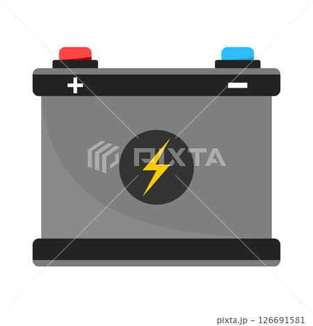Battery Icon with Terminals and Lightning Symbol Vector Illustration. The battery is rectangular. It features a red positive terminal and a blue negative terminal. 126691581