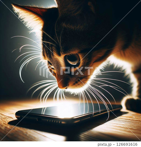 スマートフォンの画面を覗き込む猫、新しい遊びを発見 126691616