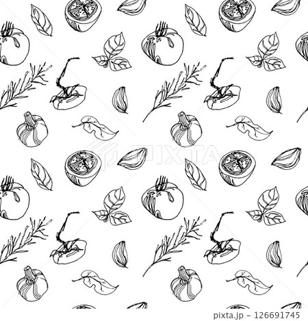 Minimalistic pattern with tomatoes, basil, rosemary, garlic in handdrawn style on white background Minimalistic pattern with tomatoes, basil, rosemary, garlic in handdrawn style on white background 126691745