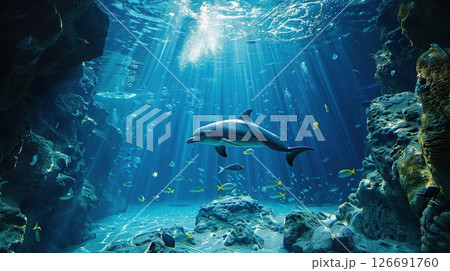 Underwater world background. Dolphins in the sea. Sea life. generative ai. 126691760