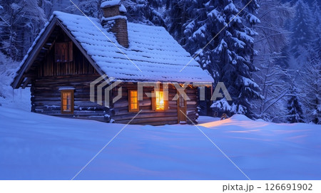 A cozy log cabin with a snow-covered roof stands serene. The warm glow of a fireplace flickers invitingly. A cozy log cabin with a snow-covered roof stands serene. The warm glow of a fireplace flickers invitingly. 126691902