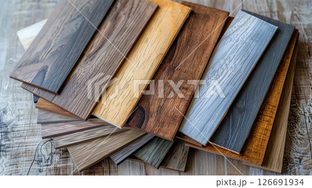 MDF boards are stained in various wood finishes and displayed to showcase a broad spectrum of hues. 126691934