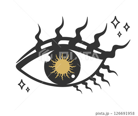 Hand drawn celestial eye with curled lashes and a sun symbol. All seeing eye. Vector illustration Hand drawn celestial eye with curled lashes and a sun symbol. All seeing eye. Vector illustration 126691958
