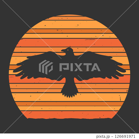Retro style background with sunset and flying crow. Vintage grunge texture. Vector illustration 126691971