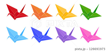 Multicolored paper cranes set. Paper cranes in rainbow colors. Origami flying bird symbol. Vector illustration 126691973