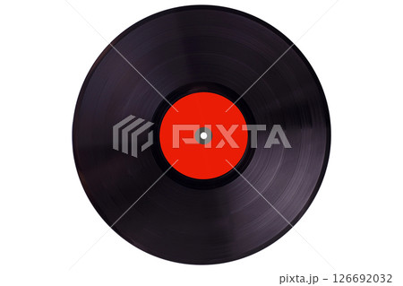 Vintage black vinyl LP record with a blank red label isolated on white background. 126692032