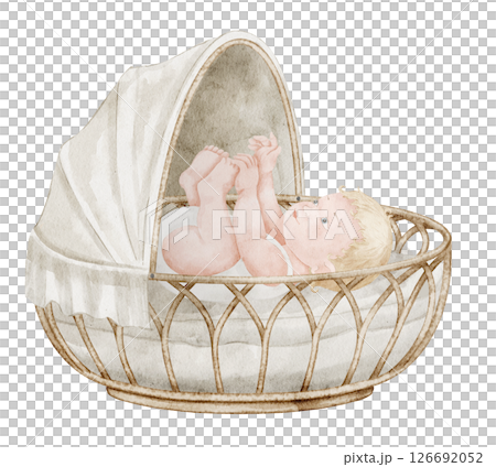 Watercolor illustration of a baby in wicker Crib with canopy. Drawing of Infant in Basket for Baby shower greeting cards or newborn party invitations. Art of Child in a cot in pastel colors. 126692052