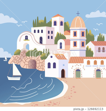 Delightful and Charming Coastal Village Illustration Featuring Beautiful Mediterranean Architecture 126692113
