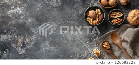 Nut assortment displayed on a textured background 126692228