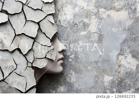 Cracked face emerging from textured wall surface 126692235