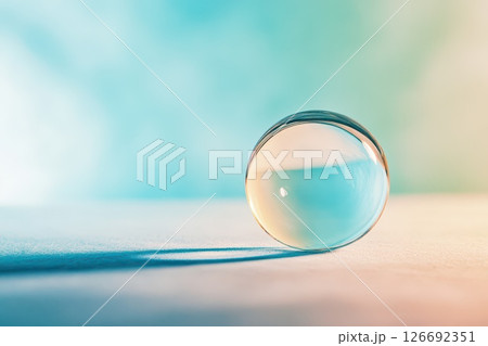 Glass sphere reflects light on surface in studio 126692351