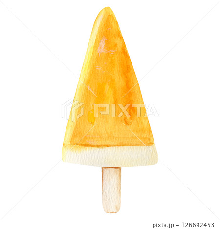 Watercolor hand drawn illustration mango ice cream sorbet. National ice cream day.  126692453