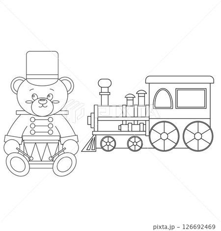 Vector line set with train, teddy Bear with drum 126692469