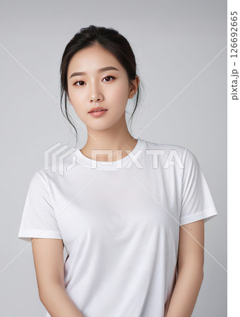 Asian woman with long black hair wearing a plain white t-shirt poses confidently against a soft gray background, showcasing natural beauty and simplicity in portrait photography Asian woman with long black hair wearing a plain white t-shirt poses confidently against a soft gray background, showcasing natural beauty and simplicity in portrait photography 126692665