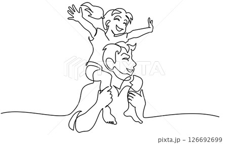 Father dad carries daughter on his shoulders. Hand-drawn picture silhouette. Father dad carries daughter on his shoulders. Hand-drawn picture silhouette. 126692699