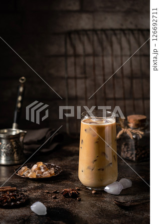 Ice coffee in a tall glass Ice coffee in a tall glass 126692711