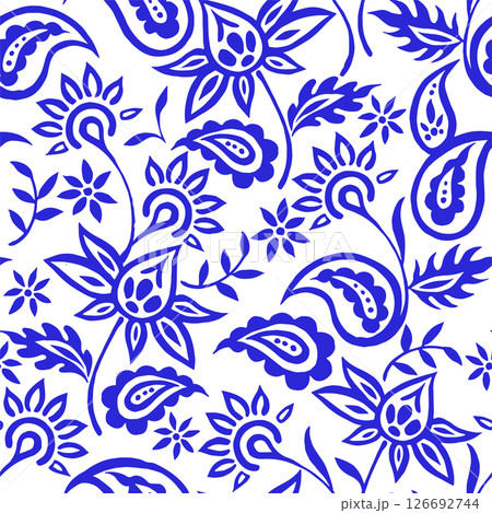 Vector seamless pattern with oriental paisley pattern in blue 126692744