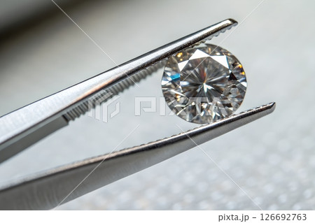 Stunning brilliant-cut diamond held by jewelry tweezers, sparkling reflections, luxury gemstone 126692763