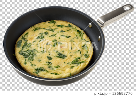Fresh spinach omelet in frying pan, perfectly cooked with herbs and cheese, isolated on transparent background, healthy breakfast concept, high-protein meal, top view Fresh spinach omelet in frying pan, perfectly cooked with herbs and cheese, isolated on transparent background, healthy breakfast concept, high-protein meal, top view 126692770