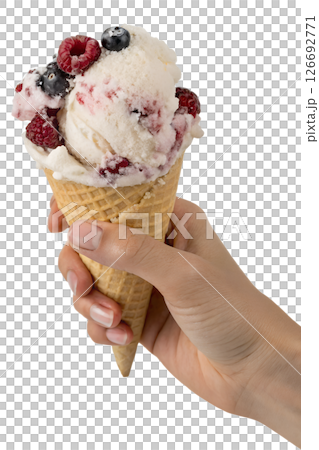 Delicious ice cream cone with fresh berries in hand, isolated on transparent background, summer dessert, food lifestyle, sweet treat Delicious ice cream cone with fresh berries in hand, isolated on transparent background, summer dessert, food lifestyle, sweet treat 126692771