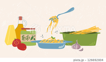 Pasta with pesto sauce. Italian food. Preparation of the dish and ingredients for pasta. Pasta with pesto sauce. Italian food. Preparation of the dish and ingredients for pasta. 126692804