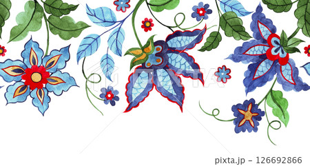 Seamless border with oriental ornaments. Abstract floral frame, watercolor illustration Seamless border with oriental ornaments. Abstract floral frame, watercolor illustration 126692866