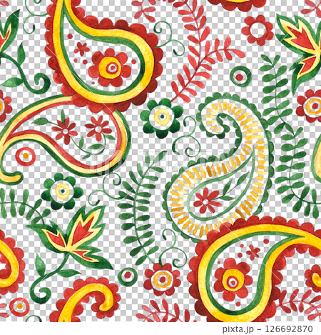 watercolor seamless pattern with oriental paisley in bright red and yellow colors watercolor seamless pattern with oriental paisley in bright red and yellow colors 126692870