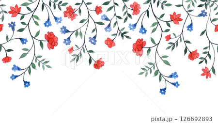 Watercolor seamless border with small wild flowers and branches 126692893