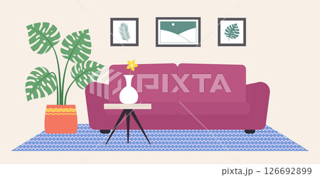 Cartoon Color Living Room with Houseplant Potted, Table and Sofa Interior Inside Concept Flat Design Style and Line Elements. Vector illustration Cartoon Color Living Room with Houseplant Potted, Table and Sofa Interior Inside Concept Flat Design Style and Line Elements. Vector illustration 126692899