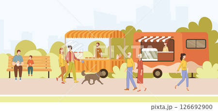 Cartoon Color Characters People and Food Truck Festival in Park Landscape Scene Concept Flat Design Style. Vector illustration Cartoon Color Characters People and Food Truck Festival in Park Landscape Scene Concept Flat Design Style. Vector illustration 126692900