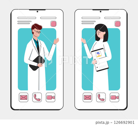 Cartoon Color Characters People Female and Male Doctor Online App Service Concept Flat Design Style and Line Elements. Vector illustration 126692901