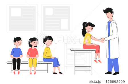 Cartoon Color Character Children Waiting Vaccination Concept Flat Design Style and Line Elements. Vector illustration of Queue Cartoon Color Character Children Waiting Vaccination Concept Flat Design Style and Line Elements. Vector illustration of Queue 126692909