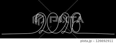 2026 sign - decoration continuous line hand drawing sign for year calendar. Vector stock illustration minimalism design isolated on black chalkboard background. Editable stroke single line. EPS10 126692911