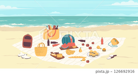 Cartoon Color Picnic Place on a Seashore Concept. Vector illustration 126692916