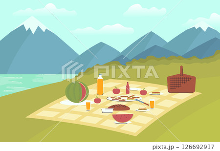 Cartoon Color Summer Picnic Place Concept Landscape Scene Flat Design Style. Vector illustration of Food, Basket, Blanket Spread on Grass Cartoon Color Summer Picnic Place Concept Landscape Scene Flat Design Style. Vector illustration of Food, Basket, Blanket Spread on Grass 126692917