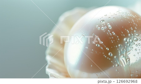 Close-up of a lustrous pearl, highlighting its texture and iridescent sheen with delicate light and color play. 126692968