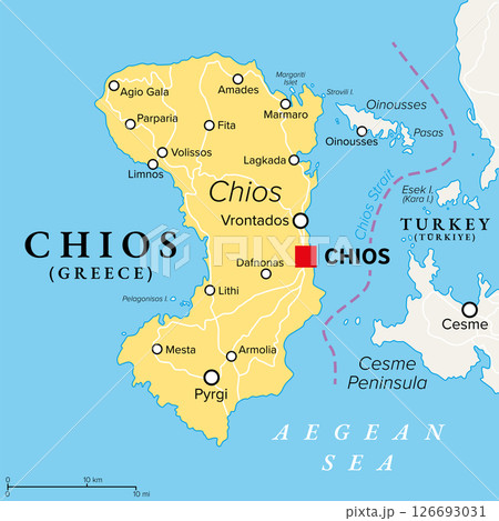 Chios, Greek island in the Aegean Sea, political map. Traditionally known as Scio, and part of the North Aegean Islands, separated from Turkey by the Chios Strait, and with the capital town Chios. 126693031