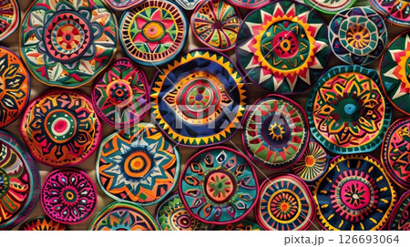 Circular motifs in traditional textiles symbolize unity, eternity, and community, reflecting cultural values. 126693064