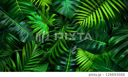 Leaf textures in nature, like ferns and palms, are intricate and diverse, showcasing a variety of patterns. 126693088
