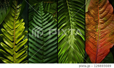 Leaf textures in ferns and palm leaves display intricate patterns and variegated surfaces. 126693089