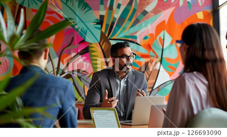 A male manager discusses annual goals with his team in a vibrant, Art Deco office with colorful murals. 126693090