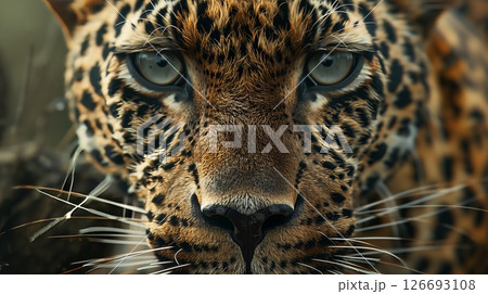 A close-up of a leopard's face shows its piercing eyes, intricate spots, and sharp whiskers. 126693108
